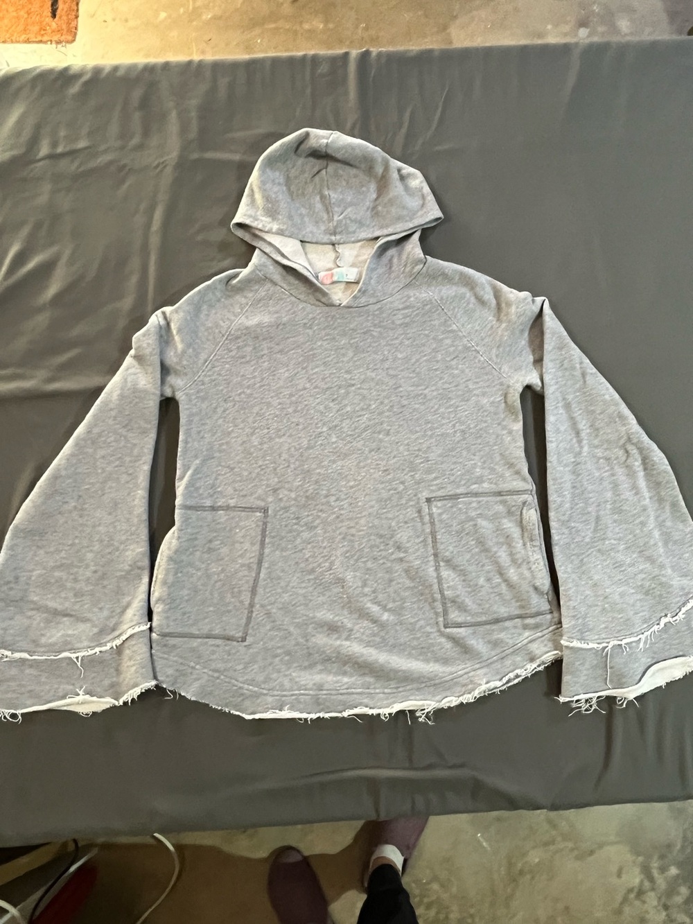 FP Beach Grey Raw Edge Flare Sleeve Hoodie, Sz S
